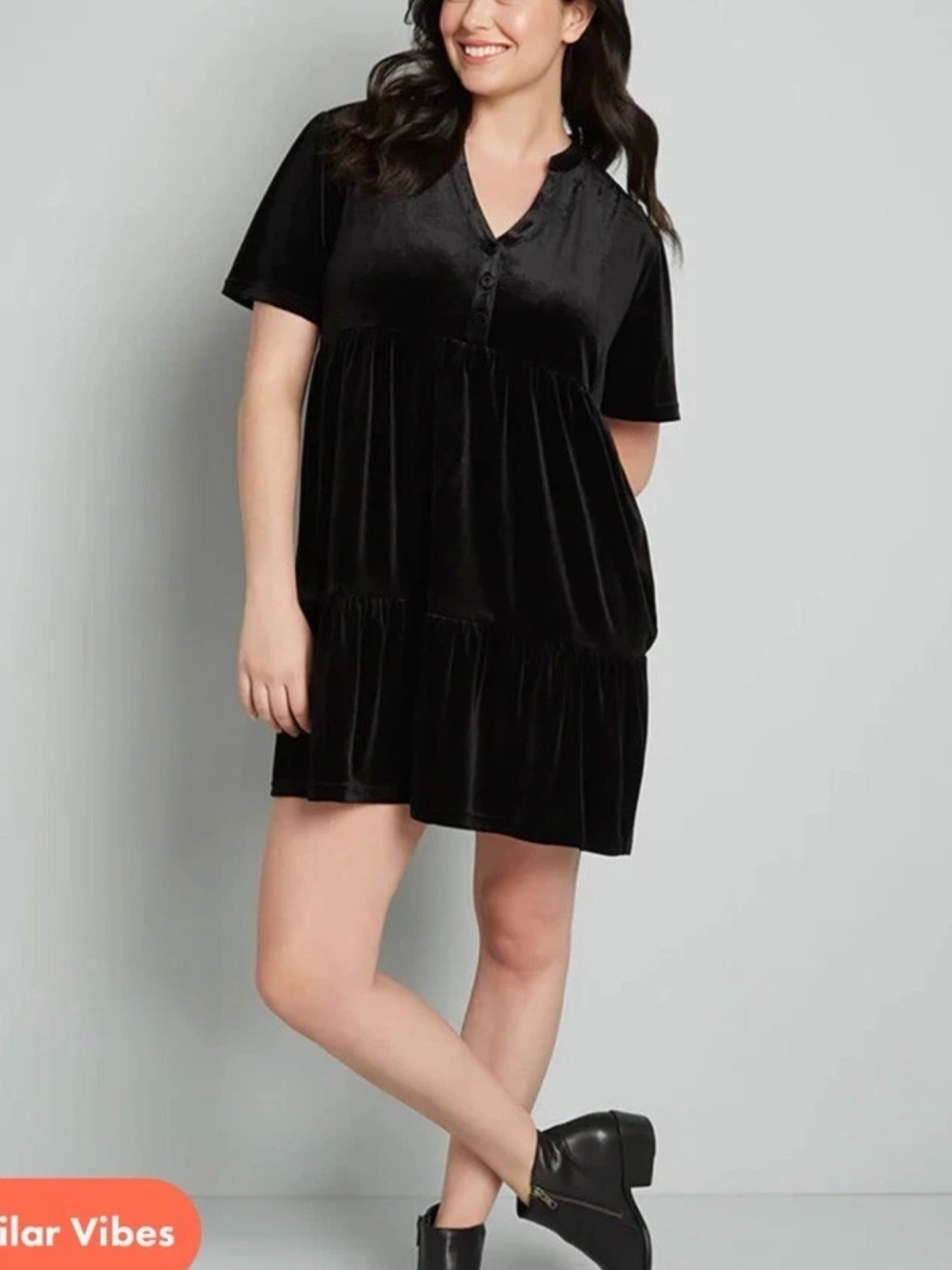 ModCloth Babydoll Short Velvet Tiered Dress in Black